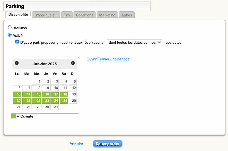 configuration disponibilite vente extras mirai