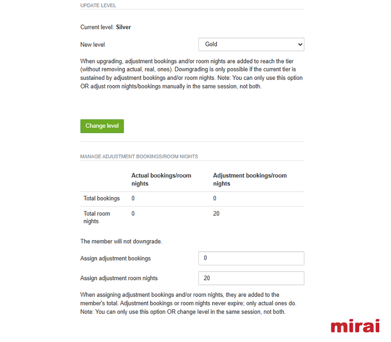 gestion niveaux adhesion club fidélite mirai