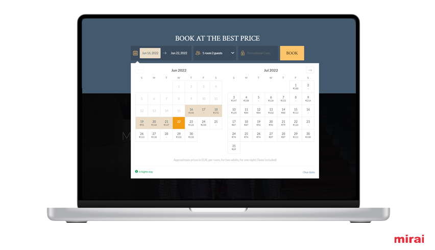 Mirai calendrier prix intégré site hotel