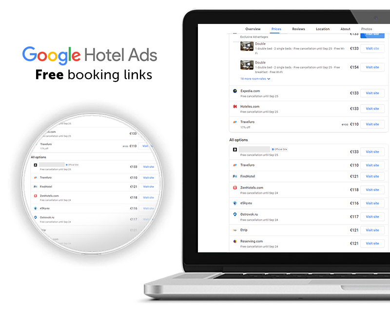 google hotel ads free booking links selon Mirai